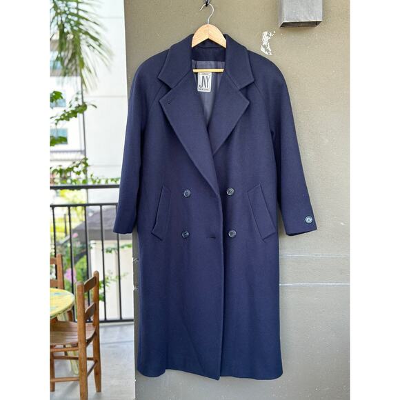 Vintage 90s Y2K Jones New York 100% Pure Wool Navy Blue Double Breasted Overcoat - Picture 1 of 9